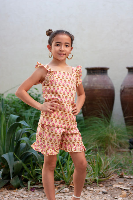 Ella yellow & pink floral indian hand-stamped block print cotton ruffle coord set for girls