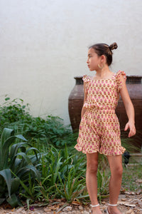 Ella yellow & pink floral indian hand-stamped block print cotton ruffle coord set for girls