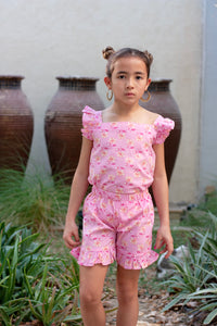Pink & yellow floral artisan-made Indian block print coord set for girlsPink & yellow floral artisan-made Indian block print coord set for girls