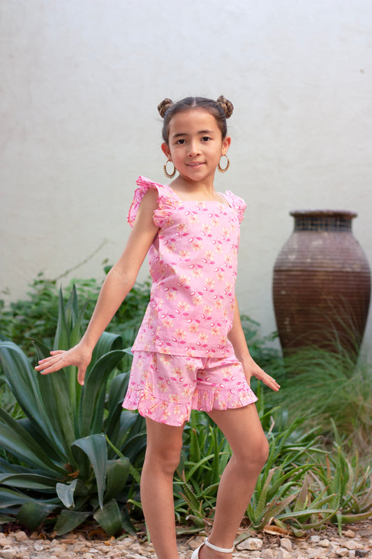 Pink & yellow floral artisan-made Indian block print coord set for girlsPink & yellow floral artisan-made Indian block print coord set for girls
