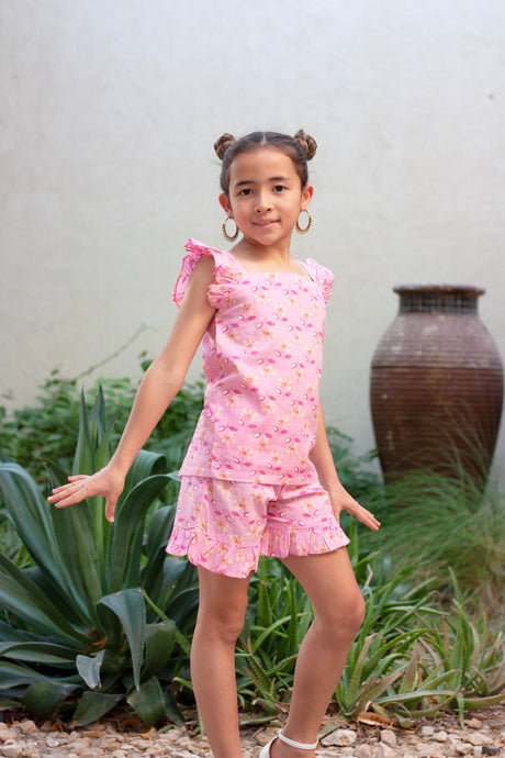 Pink & yellow floral artisan-made Indian block print coord set for girlsPink & yellow floral artisan-made Indian block print coord set for girls