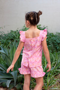 Pink & yellow floral artisan-made Indian block print coord set for girlsPink & yellow floral artisan-made Indian block print coord set for girls