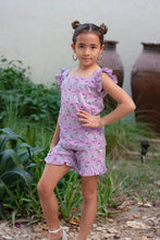Load image into Gallery viewer, Purple floral Indian artisan-made hand stamped cotton block print coord set for girls