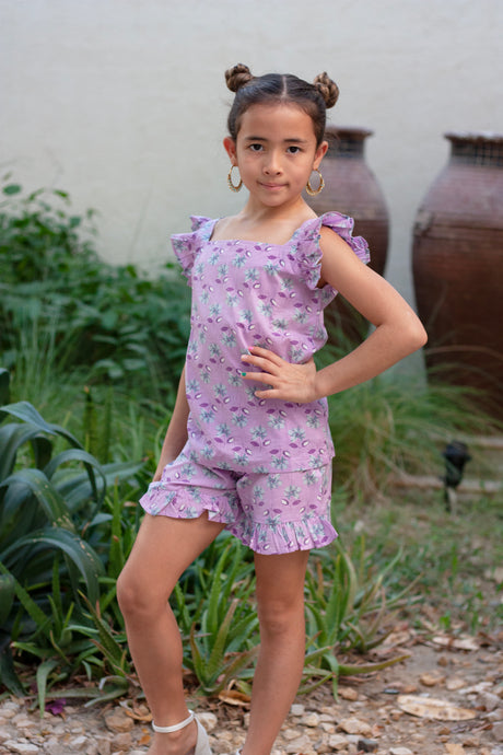 Purple floral Indian artisan-made hand stamped cotton block print coord set for girls