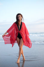 Load image into Gallery viewer, A boho glamorous beach kaftan in red lurex chiffon with rhinestoned trimmed necklines &amp; sleeves, for glamorous pool parties &amp; beach days, as well as nights on the town, designed in Dubai, handmade in Bali
