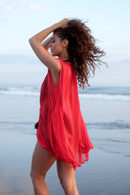 Load image into Gallery viewer, Elysia luxury resort beach kaftan swimsuit cover up in bold red with sparkling details, high end beach kaftans sustainably made in Bali for women in Dubai