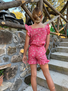 Girls pink & white floral set with ruffled sleeves and shorts, made from handmade Indian block print, handmade in India, for sale in Dubai