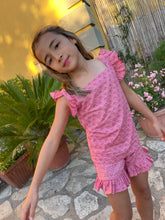 Load image into Gallery viewer, Girls rose pink floral set with ruffled sleeves and shorts, made from handmade Indian block print, handmade in India, for sale in Dubai