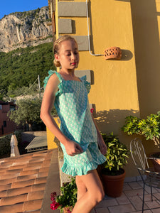 Girls mint floral set with ruffled sleeves and shorts, made from handmade Indian block print, handmade in India, for sale in Dubai