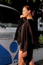 Load image into Gallery viewer, Stylish black beach kaftan cover up for Dubai vacations and tropical getaways, sustainably made in Bali for women in Dubai

