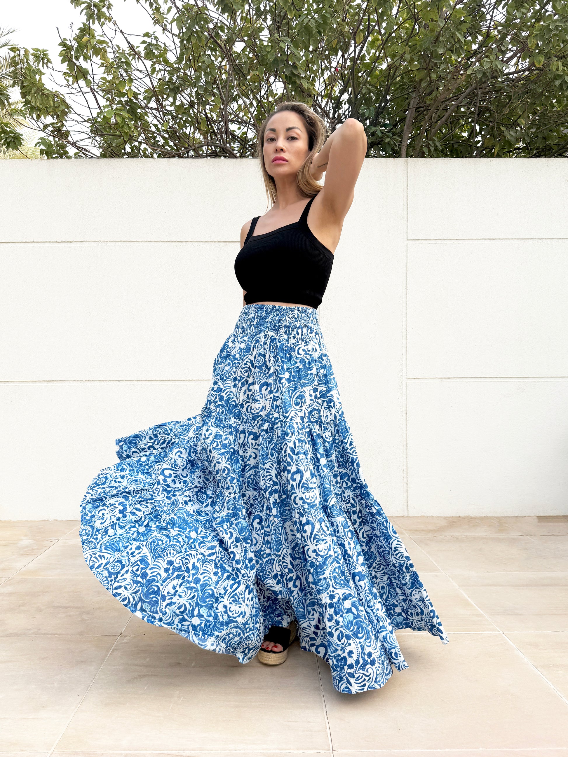 Gaia Boho chic blue floral sustainable cotton maxi skirt, handstamped block printed fabric,  for sale in Dubai

