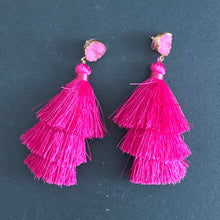 Load image into Gallery viewer, Lightweight 3-tier silk thread tassel earrings with druzy resin accents fuchsia