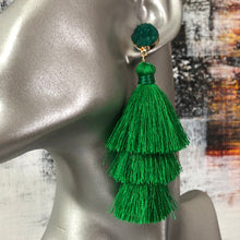 Load image into Gallery viewer, Lightweight 3-tier silk thread tassel earrings with druzy resin accents in green
