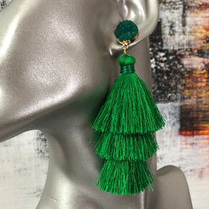 Lightweight 3-tier silk thread tassel earrings with druzy resin accents in green
