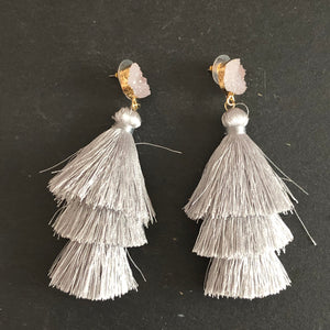 Lightweight 3-tier silk thread tassel earrings with druzy resin accents in light grey