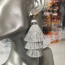 Load image into Gallery viewer, Lightweight 3-tier silk thread tassel earrings with druzy resin accents in light grey