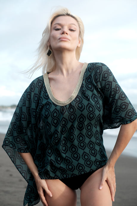 Ilya vneck Indian motif beach kaftan with gold trim – luxury beach cover-up Dubai

