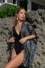 Load image into Gallery viewer, Luxurious green leopard print satin women&#39;s beach kaftan cover up with gold chain neckline embellishment for Dubai&#39;s beaches and city adventures
