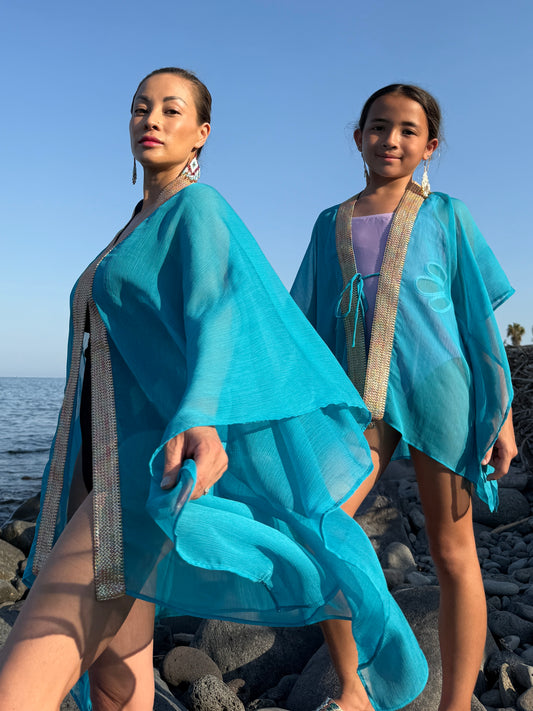Dubai Mommy and daughter teal beach kaftans made sustainably in Bali by artisans 