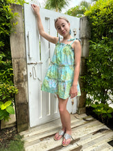 Load image into Gallery viewer, Layla Girls&#39; Cotton Sundress with Hand-Stamped Batik Prints in light blue, green and yellow paisley
