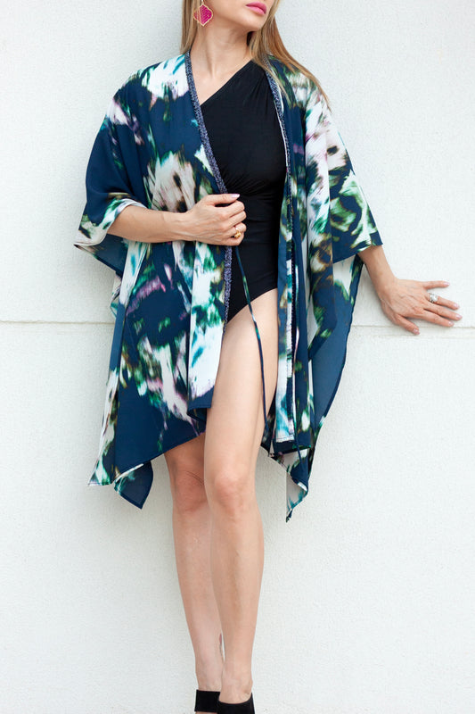Shira abstract print luxury beach kaftan for chic beach or evening style for outings in Dubai
