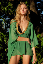 Load image into Gallery viewer, Eco-Conscious Nafeesa Green V-Neck Beach Kaftan, modern, sustainable resort wear in Dubai
