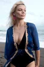 Load image into Gallery viewer, Women&#39;s chiffon beach kaftan in blue with gold saree trim perfect beach cover-up for Dubai 