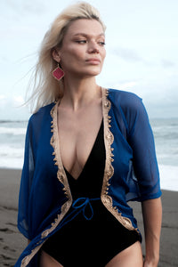 Women's chiffon beach kaftan in blue with gold saree trim perfect beach cover-up for Dubai 