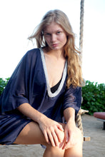 Load image into Gallery viewer, Luxe Lurex Chiffon Navy Womens Beach Kaftan – Sustainable &amp; ethically made swimsuit cover ups for women in Dubai
