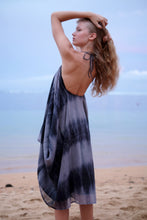 Load image into Gallery viewer, Back view of stylish navy blue kaftan dress with ombre print, low back, and adjustable halter ties for a flattering fit.
