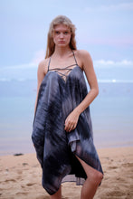Load image into Gallery viewer, Elegant navy blue kaftan dress with chic halter design, ideal for Dubai evenings, made with slow fashion principles in Bali
