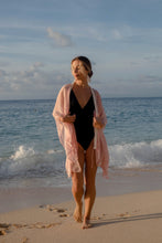 Load image into Gallery viewer, Pascala pink floral chiffon women&#39;s beach kaftan swim cover up, for women who want to shop for Dubai&#39;s best beach kaftans &amp; swimsuit cover ups