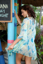 Load image into Gallery viewer, Back view of the luxurious Ria silky chiffon resort kaftan, sustainable resort wear made in Bali for women in Dubai looking for luxury beach kaftans and swimsuit cover ups