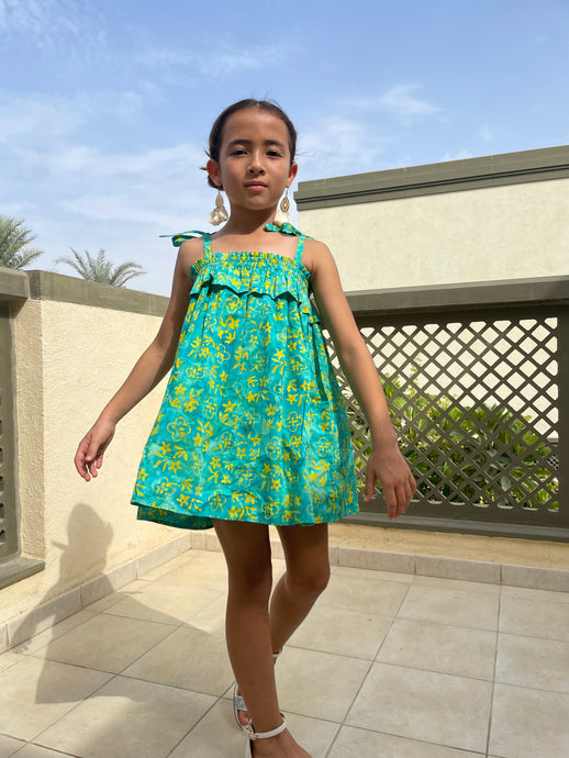 Rory batik cotton dress in green & yellow floral, hand-stamped artisanal batik from Indonesia, sustainably handmade in Bali, available in Dubai at WildFabrik