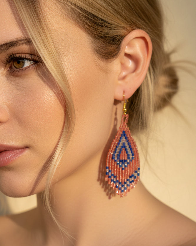 Sakari handmade earrings in rose gold and blue miyuki beads, slowmade fashion accessories from Bali, for women in Dubai