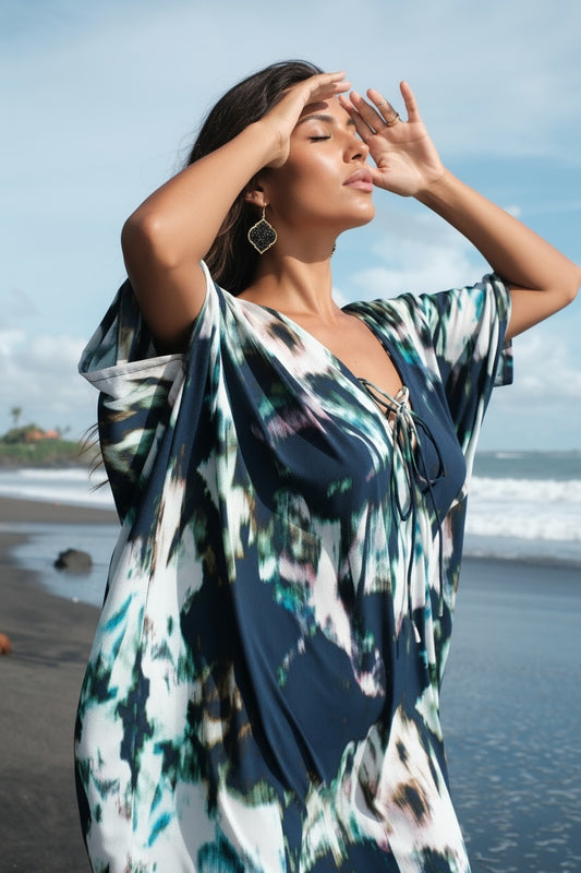 Seraphina abstract chiffon multiway kaftan dress for women – luxury beachwear made in Bali, available in Dubai with same-day delivery