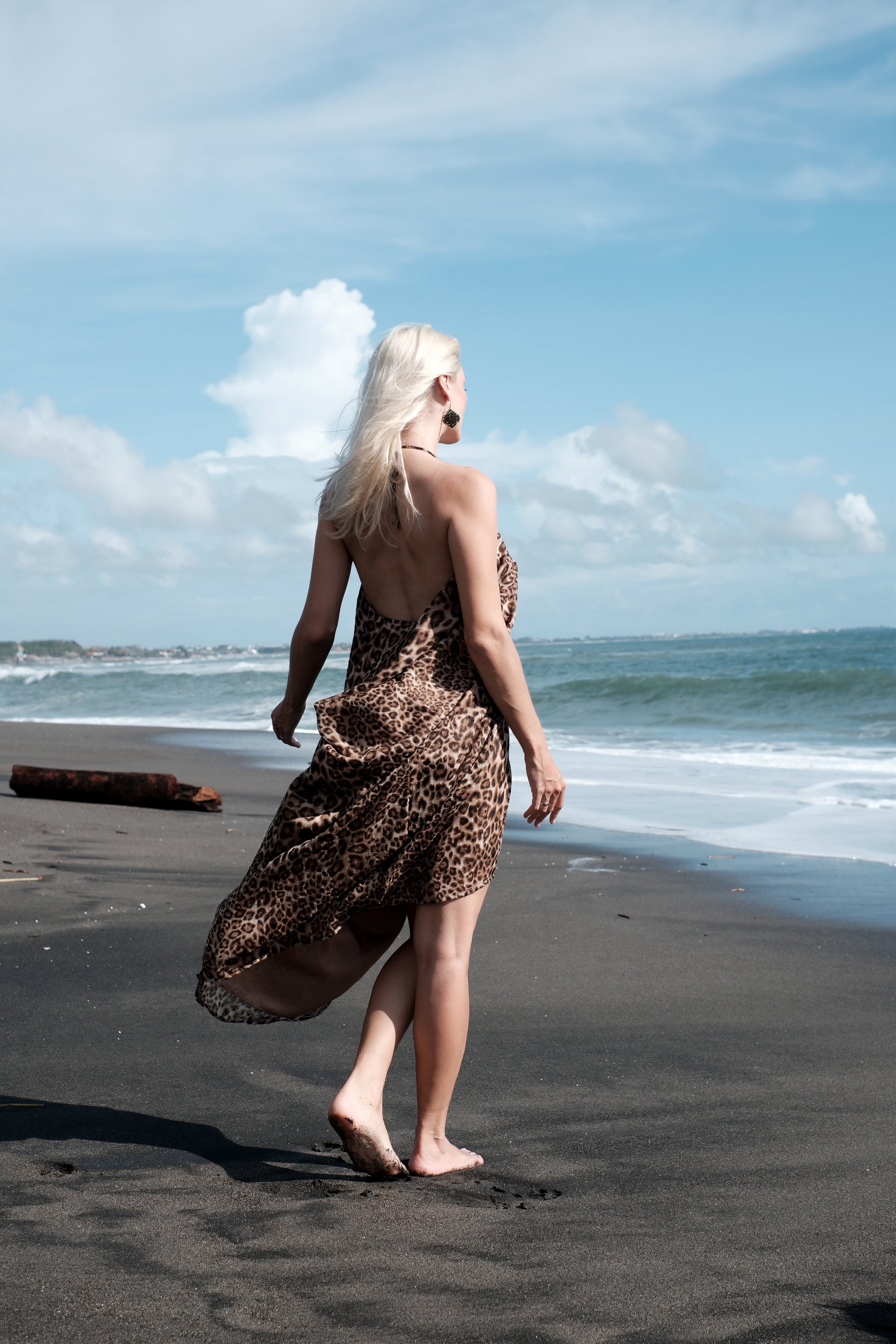Versatile halter beach kaftan dress in brown leopard chiffon, sustainable for resort wear in Dubai