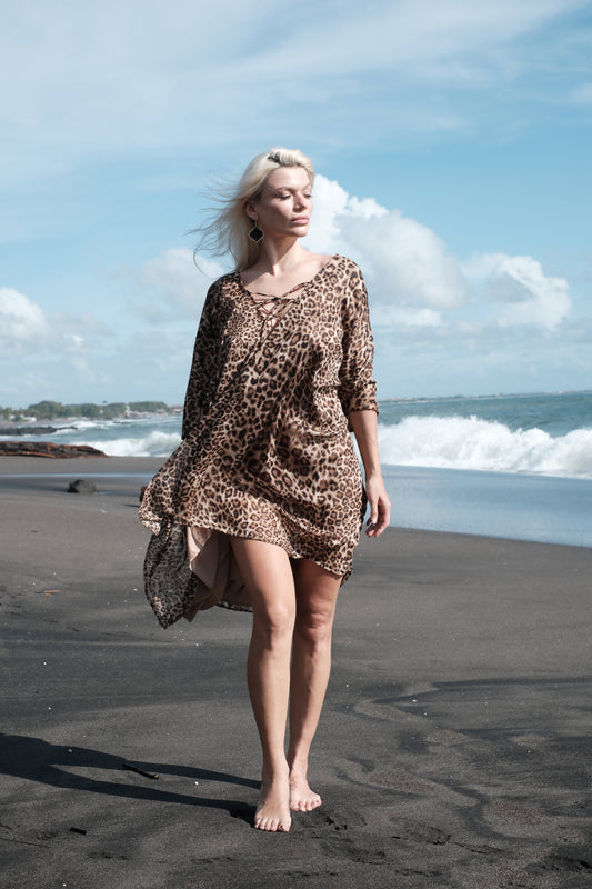 Sustainably made brown leopard print kaftan dress with gold lurex, beachwear for Dubai resort vacations