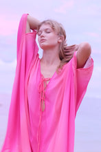 Load image into Gallery viewer, Close up front view of Seraphina hot pink ombre kaftan dress with adjustable neck ties, made in Bali for women in Dubai