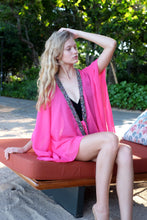 Load image into Gallery viewer, Women&#39;s Resort Wear Kaftan in Hot Pink Crepe Chiffon with hand sewn beads, sustainable resort wear from Bali for sale in Dubai
