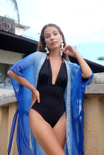 Load image into Gallery viewer, Elegant Blue Ombre Kimono Beach Cover-Up with Gem Bead Neckline, sustainably made in Bali for women in Dubai
