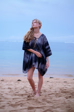 Load image into Gallery viewer, Seraphina Navy Blue Kaftan Dress, a must-have for Dubai beach holidays and resort style. Wear it as a mini kaftan or a midi halter dress.