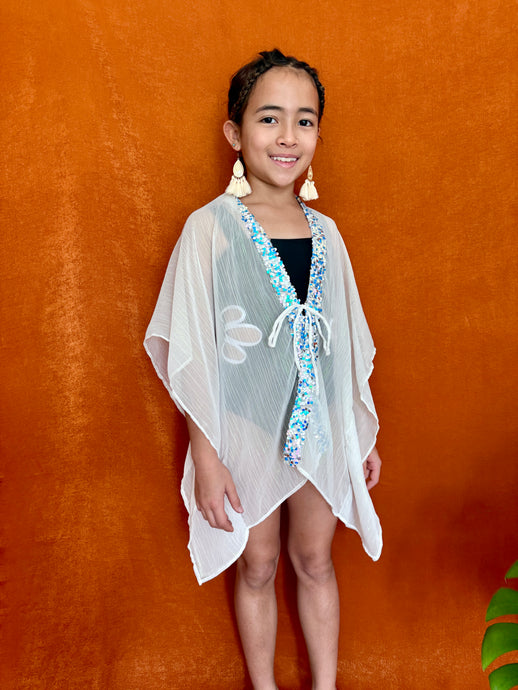 Vivi handmade kids beach kaftan white chiffon with blue sequin neckline dubai