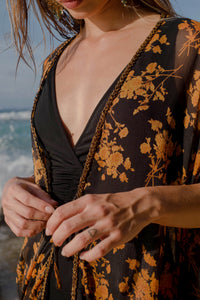 Dubai resort wear floral beach kaftan with bead embellishments for women in Dubai, luxury designer beachwear for women sustainably made in Bali

