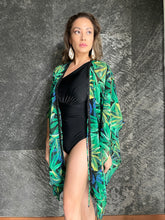 Load image into Gallery viewer, green tropical beach kaftan with palm print and black bead trim, front view, resortwear for women in dubai