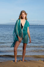 Load image into Gallery viewer, Ocean green crepe chiffon women&#39;s beach kaftan with hand-sewn bead trim, sustainable resort wear from bali for women in dubai