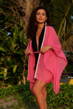 Load image into Gallery viewer, Pink lurex crepe chiffon beach kaftan with hand-sewn beadwork trim, for women looking for sustainable beach kaftans in Dubai

