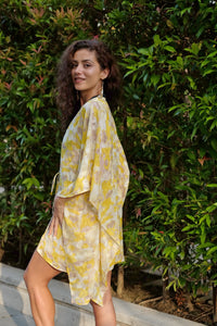 The Aurelia women's beach kaftan in a flowy chiffon blend with a rhinestone-adorned neckline, perfect for Dubai beach days and resort evenings. Sustainable beachwear from Bali.
