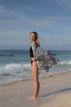 Load image into Gallery viewer, Aziza women’s beach kaftan in green paisley print with hand-sewn bead trim, lightweight crepe chiffon resort wear in Dubai.
