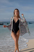 Load image into Gallery viewer, Handmade Aziza women’s kaftan in crepe chiffon with bohemian paisley print and beadwork, ideal for Dubai vacations.
